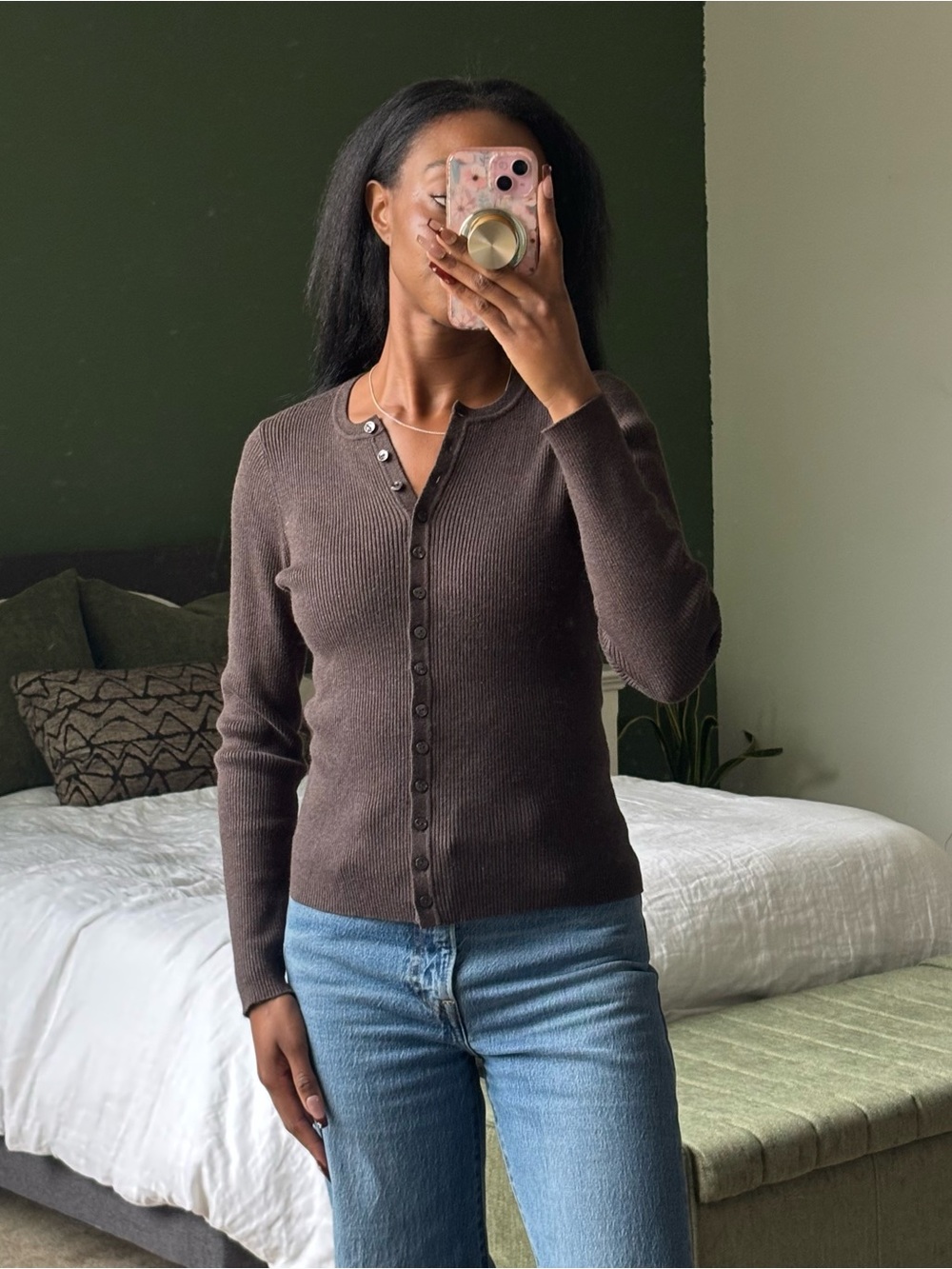 Quince Chocolate Brown Ribbed Button-Front Cardigan